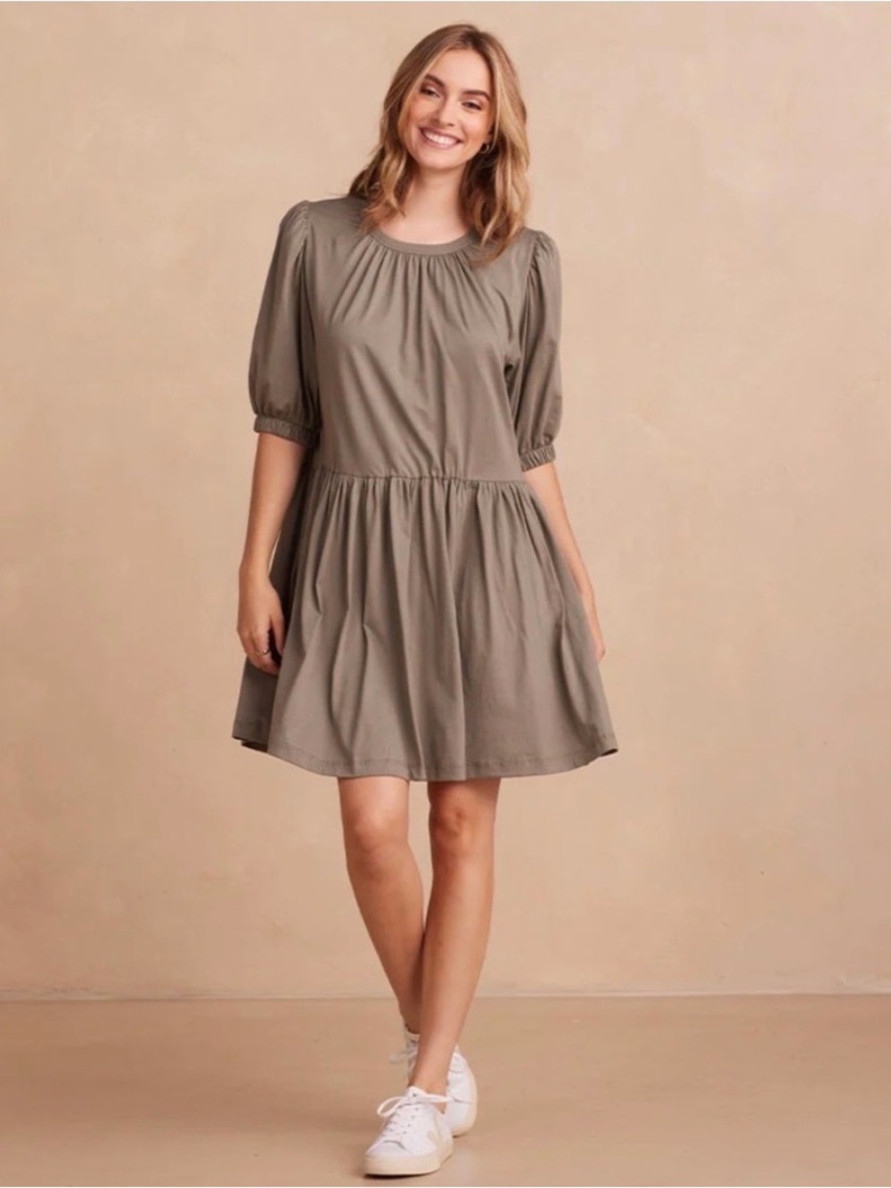 summersalt Olive Puff-Sleeve Tiered Mini Dress